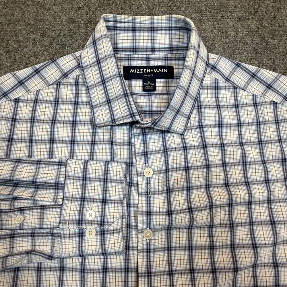 Mizzen+Main Leeward Dress Shirt Mens Medium Trim Tall Blue White Plaid Stretch